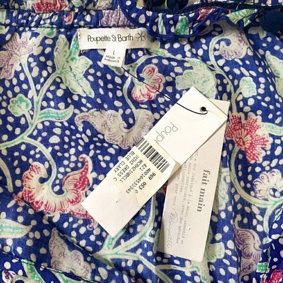 NWT Poupette St Barth Clara Ruffled Mini Dress in Blue Cary,  size L - Picture 9 of 12